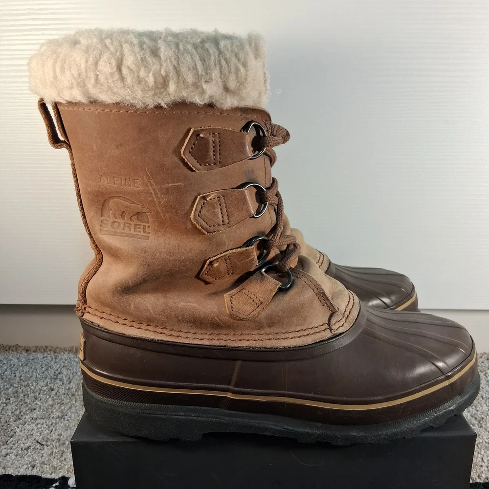 Vintage Sorel Alpine Men's Leather Winter Boots Wool Shearling Lining Size 9